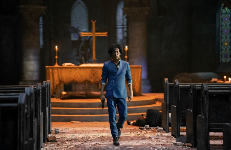 Star John Cho as ... walking through a church 