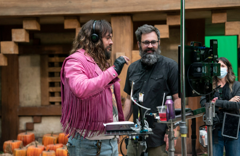 Jason Momoa and Jared Hess on the village set of A Minecraft Movie